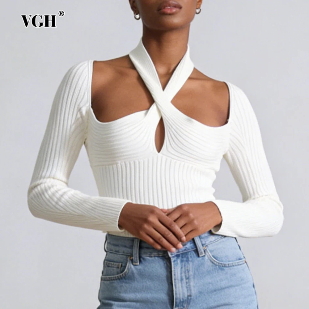 

VGH Sexy Solid Knitted Slim Fit T Shirts For Women Sqare Collar Long Sleeve Summer Beach Style Design Sense Top Female Fashion