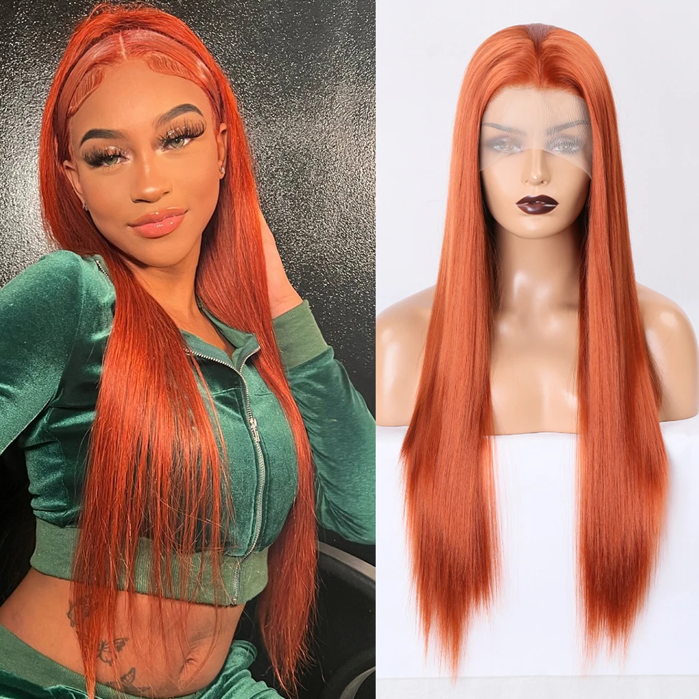 AIMEYA Ginger Wigs for Women Long Synthetic Lace Front Wig Free Part Straight Synthetic Wigs Natural Hairline Cosplay Party Wig