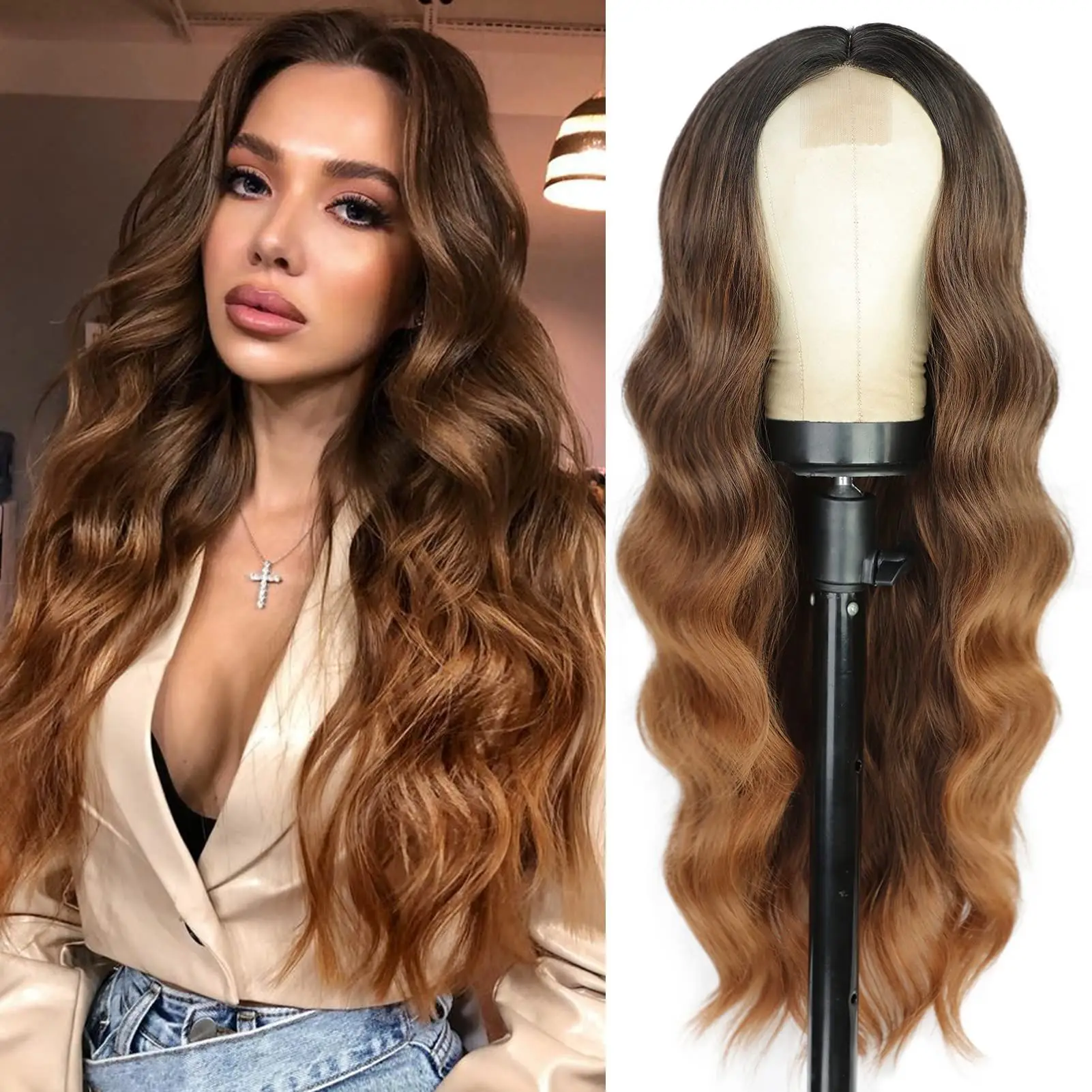 Little lace  for women with gradient brown long curly hair  large wave synthetic fiber headband wigs