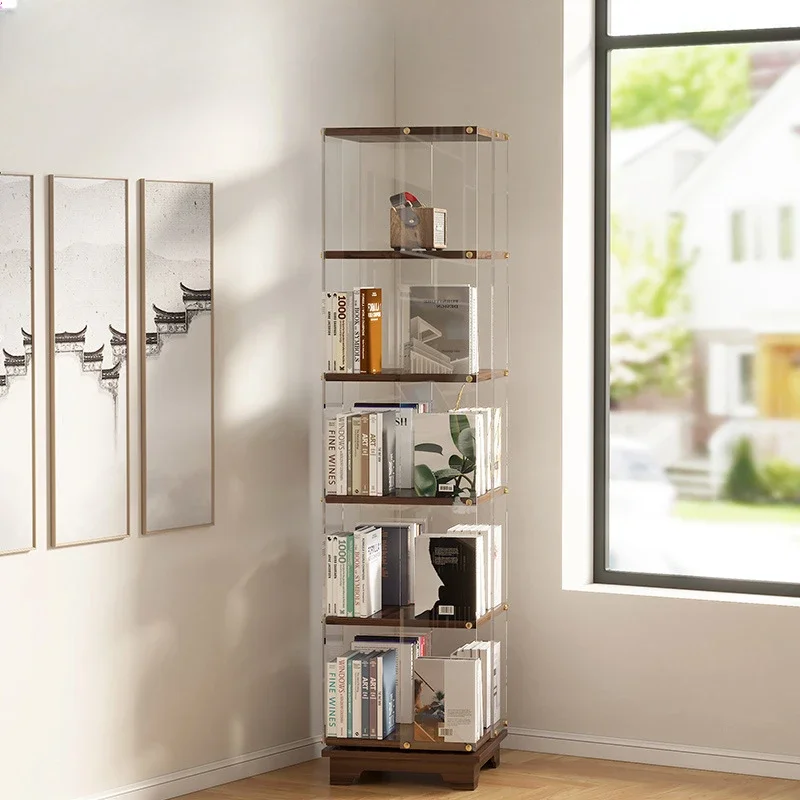 Creative solid wood rotating bookshelves, transparent acrylic floor shelves, living room study corners, storage bookcases