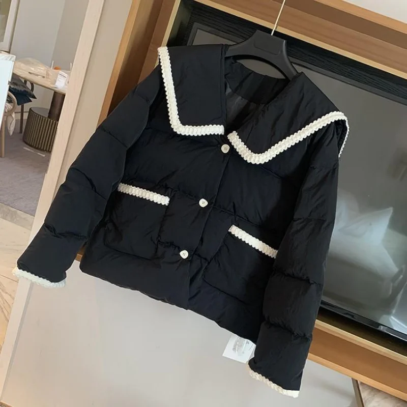 Black Crop Parkas Women Lovely Vintage Long Sleeve Outwear Popular Overcoat New Winter Thick Warm Preppy Style Chic Ins Fashion