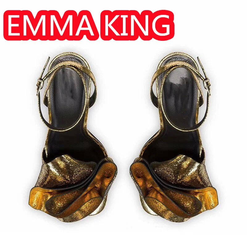 

Women's Puffy Flower High Heel Sandals,Ruffle Detail High Heel Sandals,Ankle Strap Sandal In Gold,Elegant Sexy Party Dress Shoes