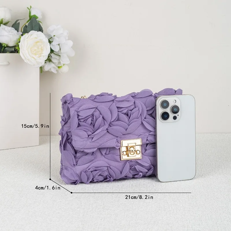 3D Rose Floral Satin Evening Bag with Gold Clasp Detachable Chain Strap Flap Closure Crossbody Purse for Wedding Party Prom view 5
