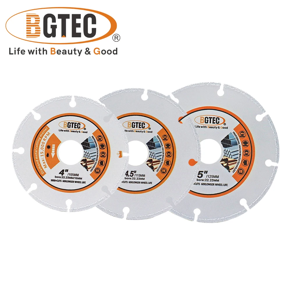 BGTEC 4/4.5/5 Inch Cutting Metal Disc Cut Rebar Steel Pipe Iron Fixture Bore22.23mm Vacuum Brazed Saw Blade Dia105/115/125mm