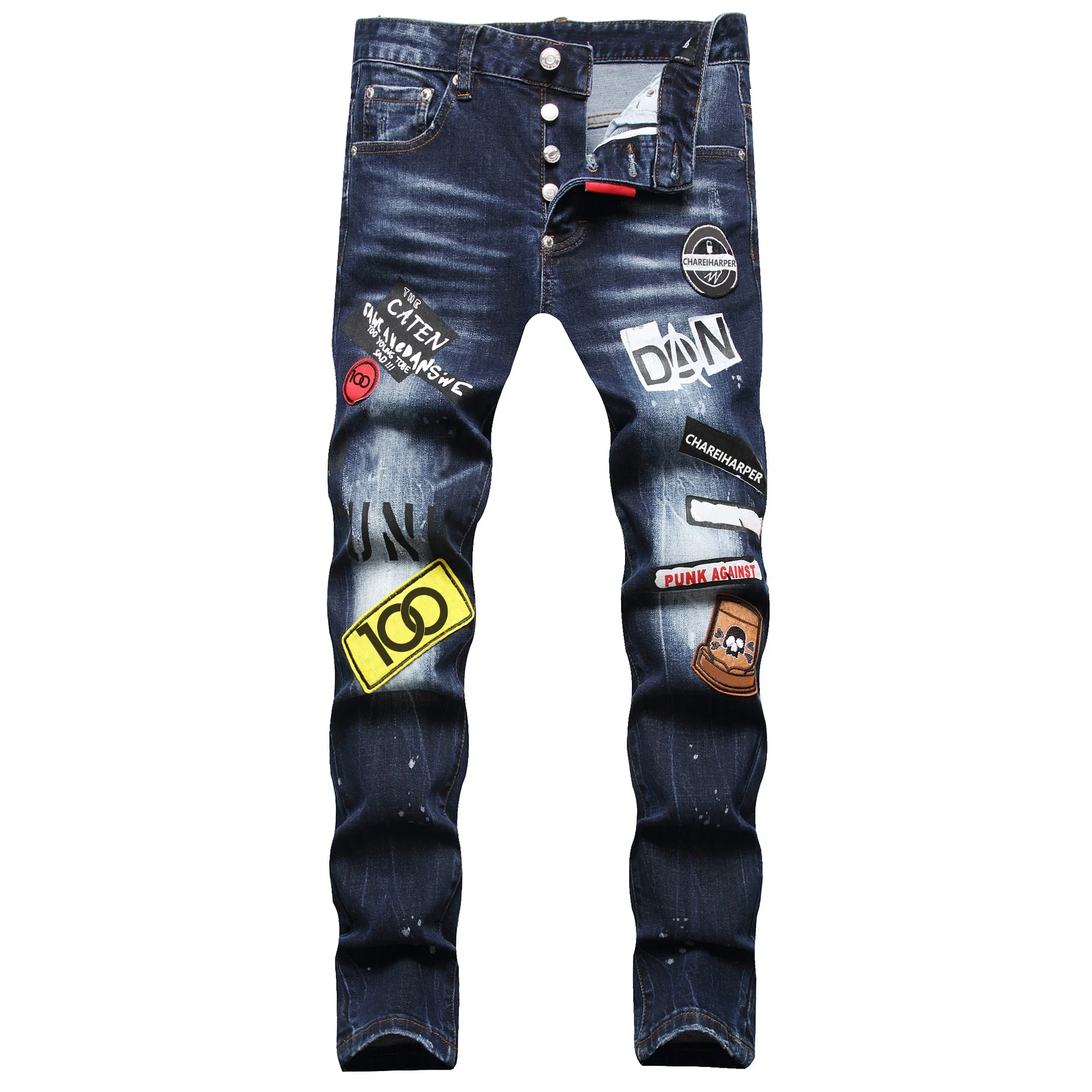 

Jeans fashion brand printed men's jeans trend slim slim feet mid-waist pants men 089 plus size 44-58 jeans for men