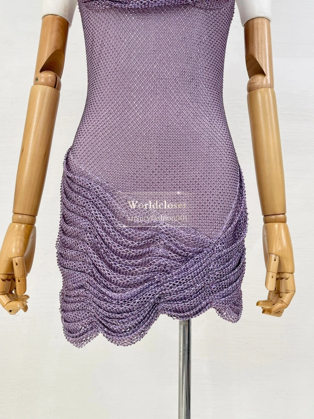 Strapless Women's Mini Dress for Party 2025 New Beautiful Purple Rhinestone Mesh Ruched