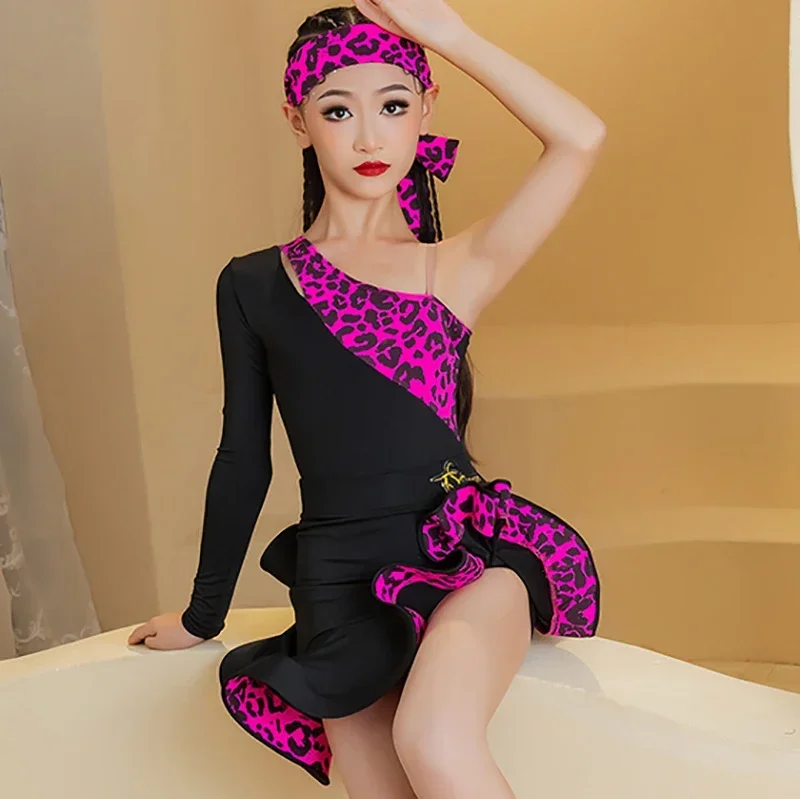 Vestidos de baile de actuación para niños, traje profesional de baile latino con estampado de leopardo rosa para niñas, mono de manga larga, faldas, trajes