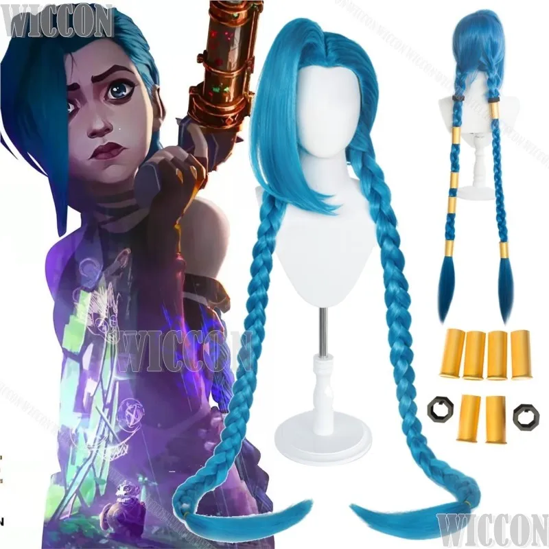 Jinx Cosplay Anime Arcane LOL League of Legends Prop Blue Long Wig Hairband Tattoo Stickers Women Holloween Roleplay Customized