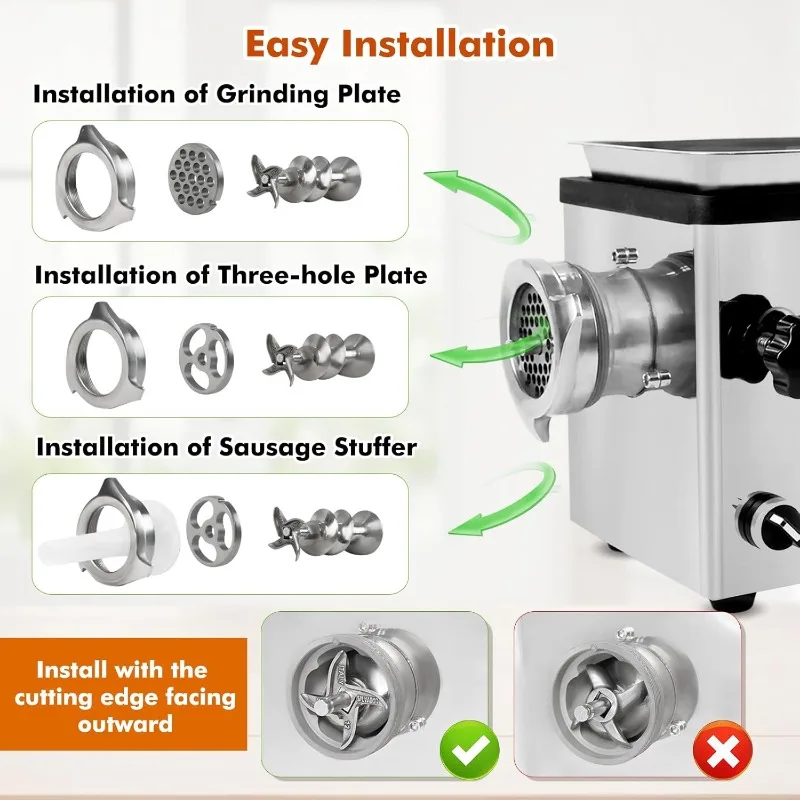 Commercial Electric Meat Grinder 1.5 HP 1100 W All Stainless Steel Meat Bones Mincer with 4 Grinding Plate 2 Blades