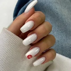 Hot Sexy Girl Simple Glossy Pure White Red Lip Long Coffin Fake Nail Tips Full Finished False Nail Press on Glue Manicure Woman