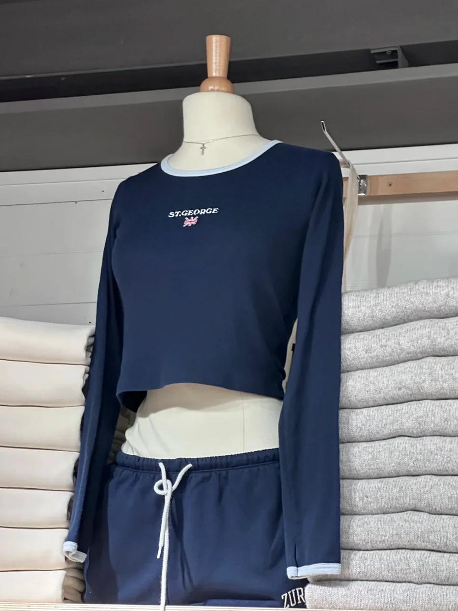 

Letter Flag Embroidered Crop Top Women Round Neck Cotton Slim Long Sleeve T-shirt Vintage Sweet Preppy Style Tee Shirts Y2k New