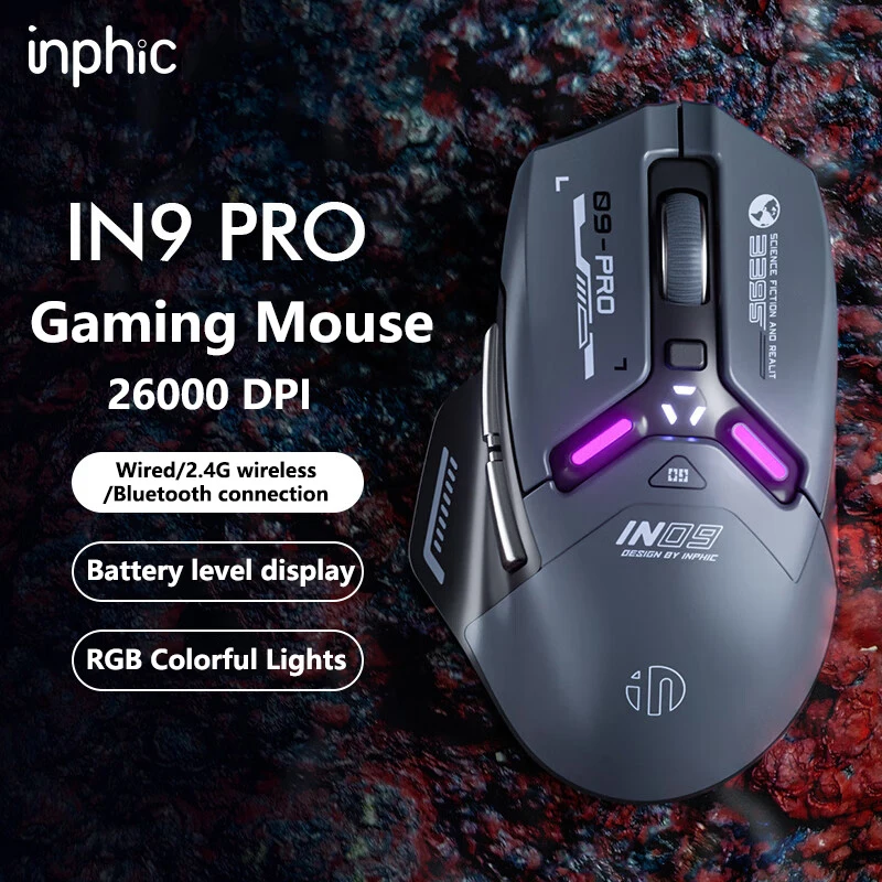 Inphic IN9PRO Wireless Gaming Mouse 26000DPI 8K Polling Rate Bluetooth 5.0 Wired 2.4G Tri-mode RGB Ergonomic Gaming Mouse