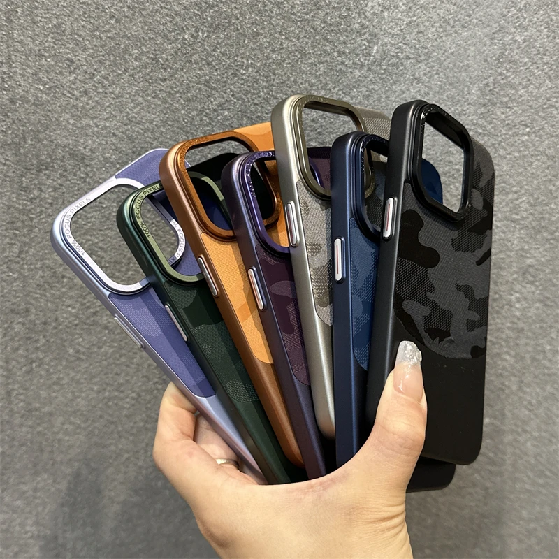 Hit Color Camouflage Leather + Hard PC Shockproof Phone Case For iPhone 15 16Pro Max 13 16 Pro 14 12 Metal Lens Protective Cover