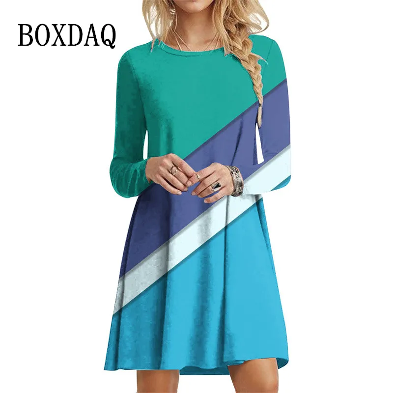 Autumn Winter Dresses Women Fashion Long Sleeve O-Neck Loose Clothing Casual Street Contrast Color Striped Mini Dress Oversized