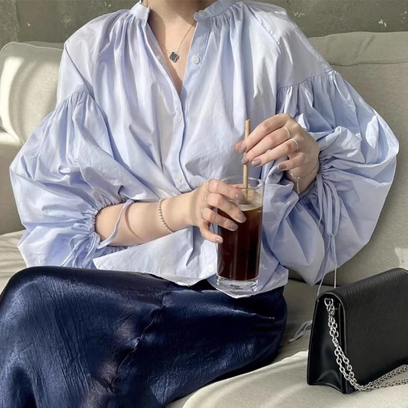 

OCEANLOVE Lantern Sleeve Women Shirts&blouses Spring Autumn O Neck Retro Blusas Mujer Korean Fashion Eleant Chic Camisas