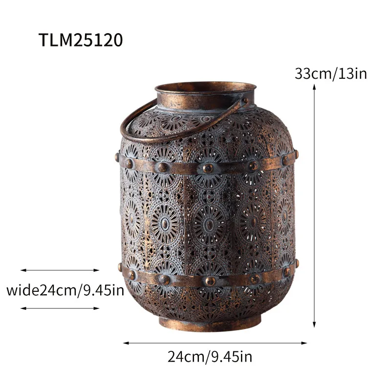 Hollow Carved Handheld Iron Lantern Candle Holder, Table Decor for Candlelight Dinner