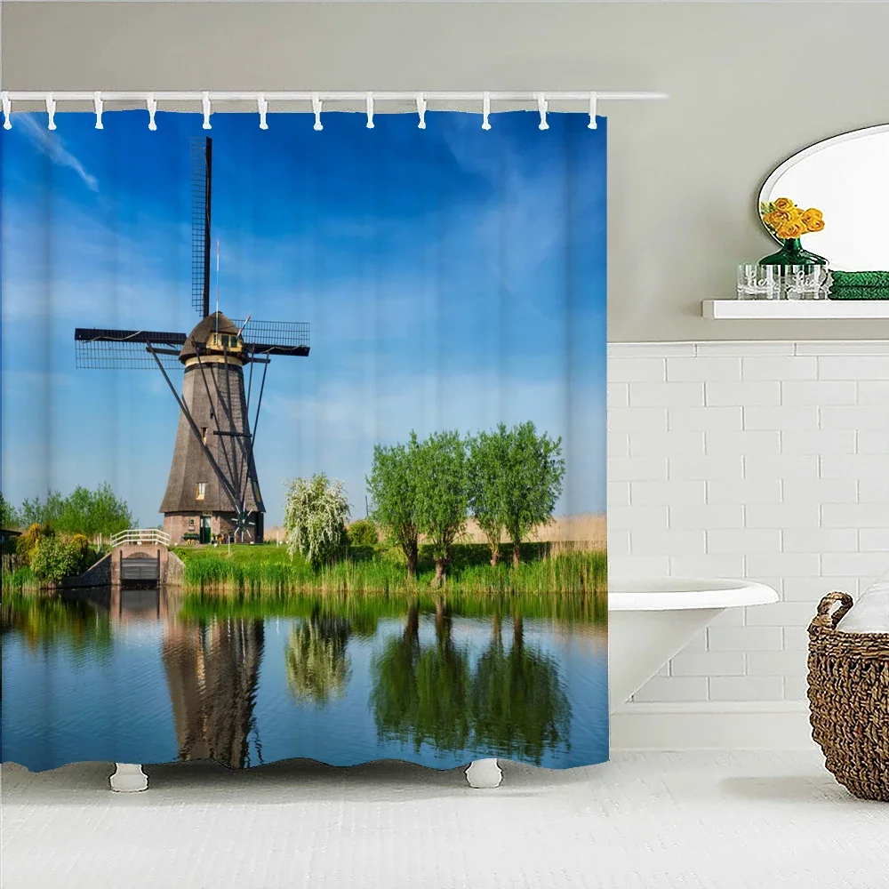 3D Natural Scenery Windmill Tulips Print Shower Curtains Forest Landscape Bathroom Curtain Waterproof Polyester Home Decoration