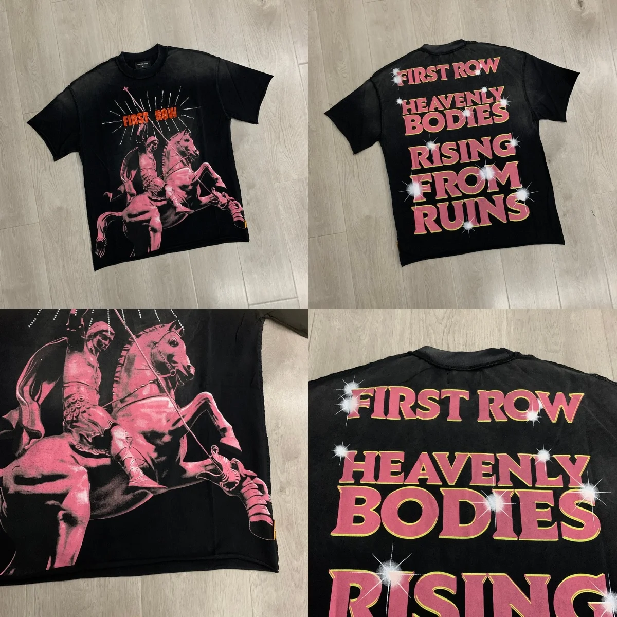 High Quality Vintage Black Rhinestone Tee Men FIRST ROW Graphic Print T-shirt Retro Y2K Streetwear Loose Crew Neck Casual Shirts