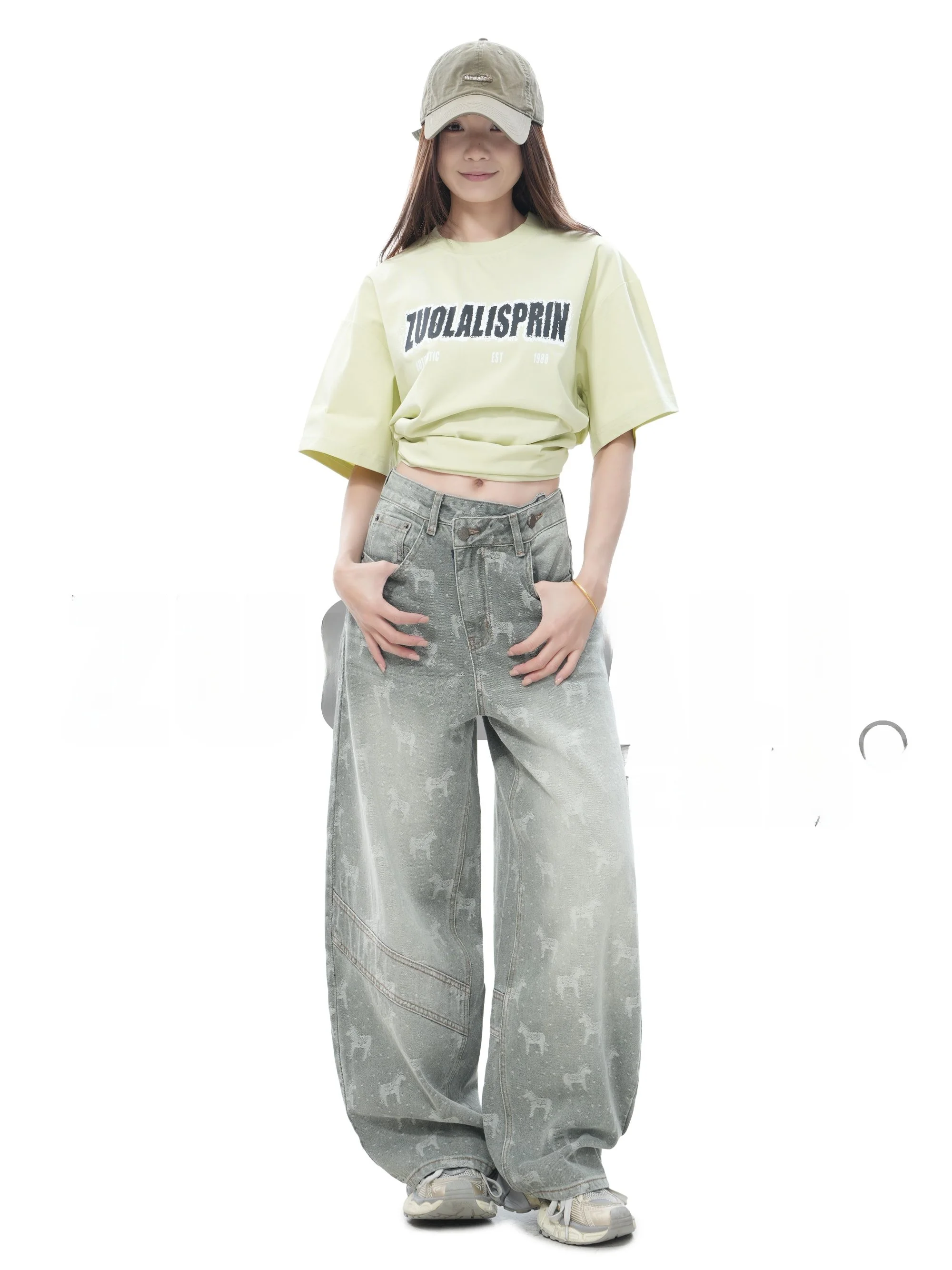 

Zuolali Luy Luxury Retro Waed Cotton Wide Leg Pants 3D Embroidery Design Comfortable Soft Blue Denim Ladies Trousers