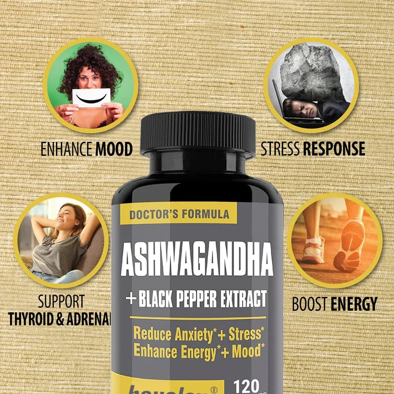 Ashwagandha + Black Pepper Extract Capsules Helps Improve Energy and Mood Reduce Anxiety and Stress Promotes Nerve Health