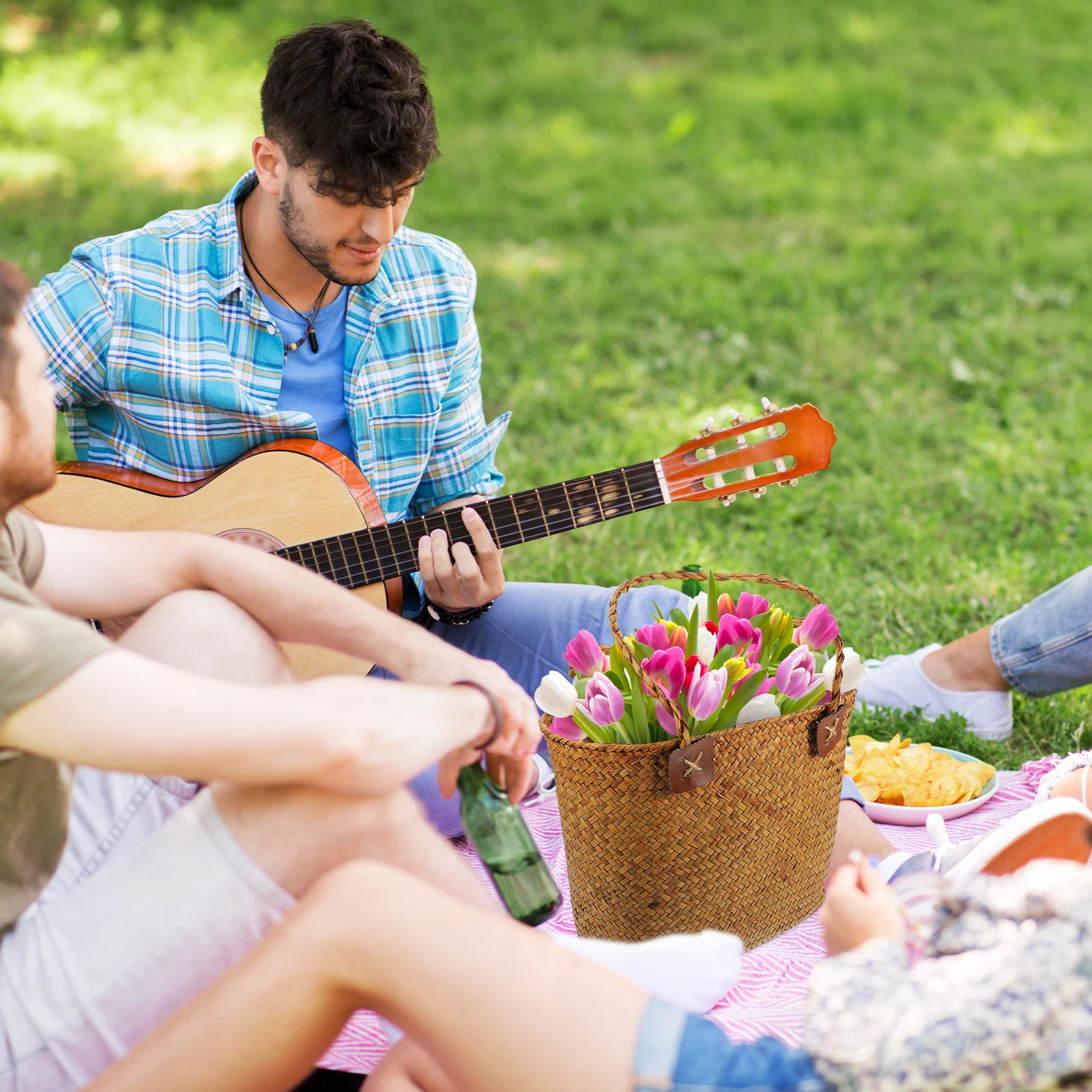 

H woven Straw Picnic Woven Texture Large Gathering Basket H Color Portable Outdoor Storage Basket Multipurpose