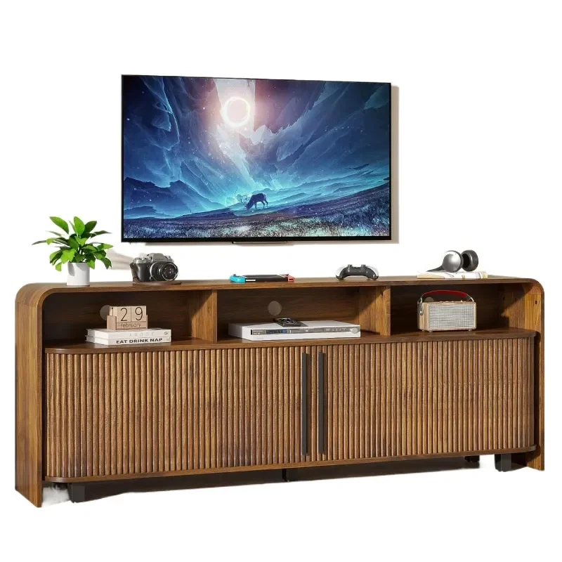 Medieval Style Retro Brown Wood Grain Vertical Grille Flap Door Curved Corner Long Floor TV Cabinet Low Audio Visual Console