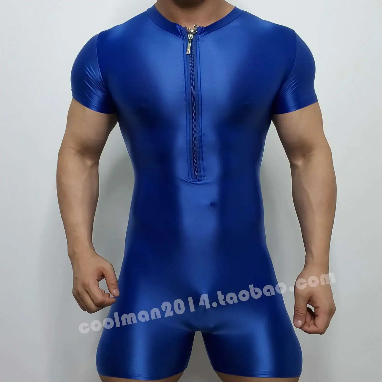 Mens Glossy See Through Zipper Satin Sexy Bodycon Playsuit Romper Short Sleeve Swimwear Suit Outfit Streetwear Jumpsuit
