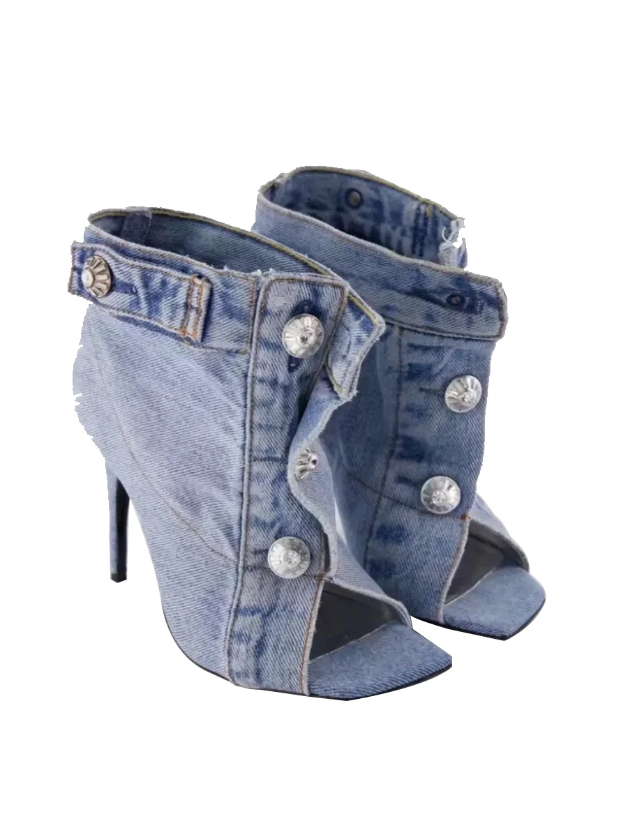 2024 New Denim Square Toe Rivets Open Toe High Heels Fashion Shoes Casual and Versatile Women\'s Shoes