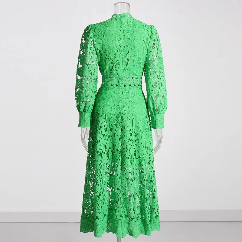 French Elegant Holiday Flower Embroidery Lace Midi Dress Women Lantern Long Sleeve Stand Hollow Out Crochet Party Vestidos