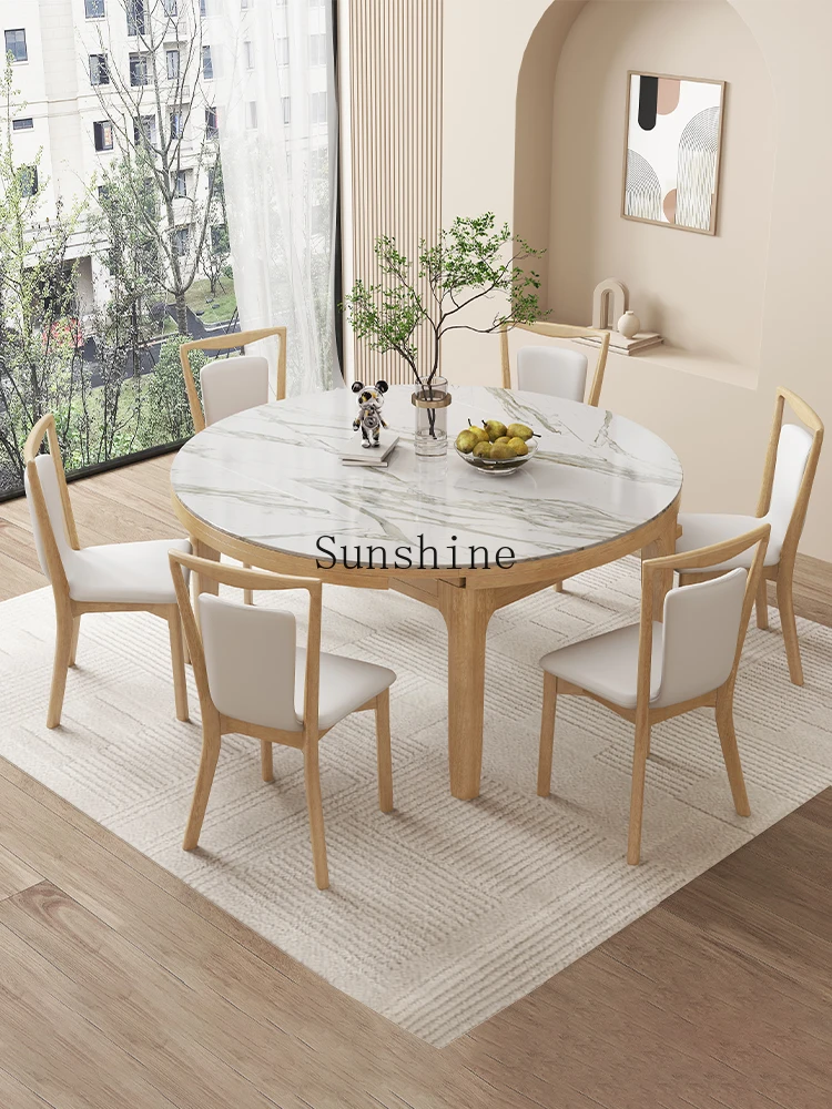 Simple rock slab dining table variable round Nordic telescopic solid wood feet one table and four chairs