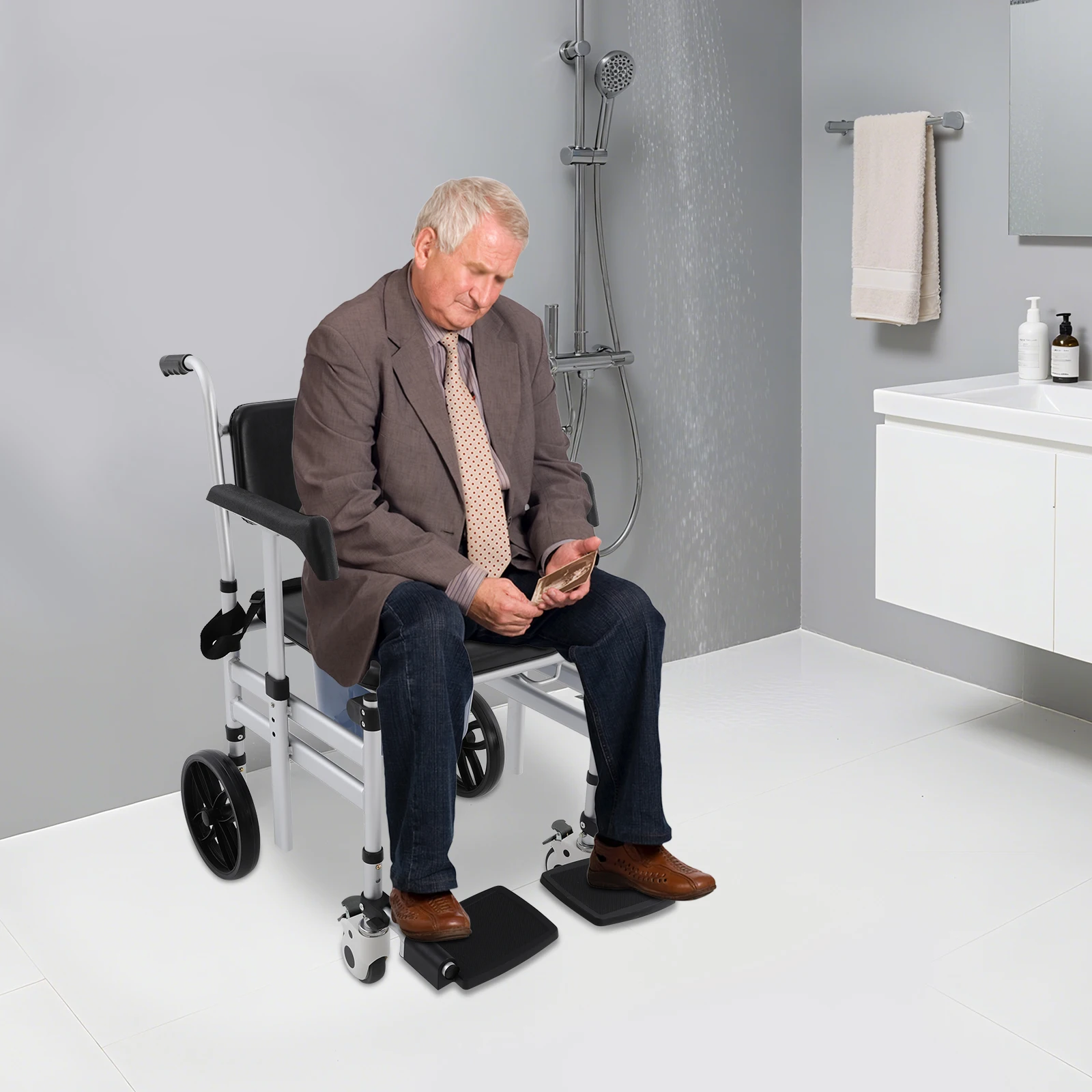 Faltbarer Dusch- und Toilettenstuhl, 330 lbs Tragkraft, Aluminiumlegierung, höhenverstellbarer Duschsitz mit Bremsrädern, Sicherheitsgurt, abnehmbares weiches O-förmiges Kissen, mobiler Toilettenstuhl für ältere Menschen, Schwangere, Behinderte, Heim- und Krankenhauspflege