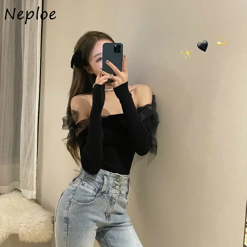 Neploe Sexy Slash Neck Strapless Shoulder Pullover Sweater Women Pullover Long Sleeve Slim Fit Solid Tees Spring 2024 New Top