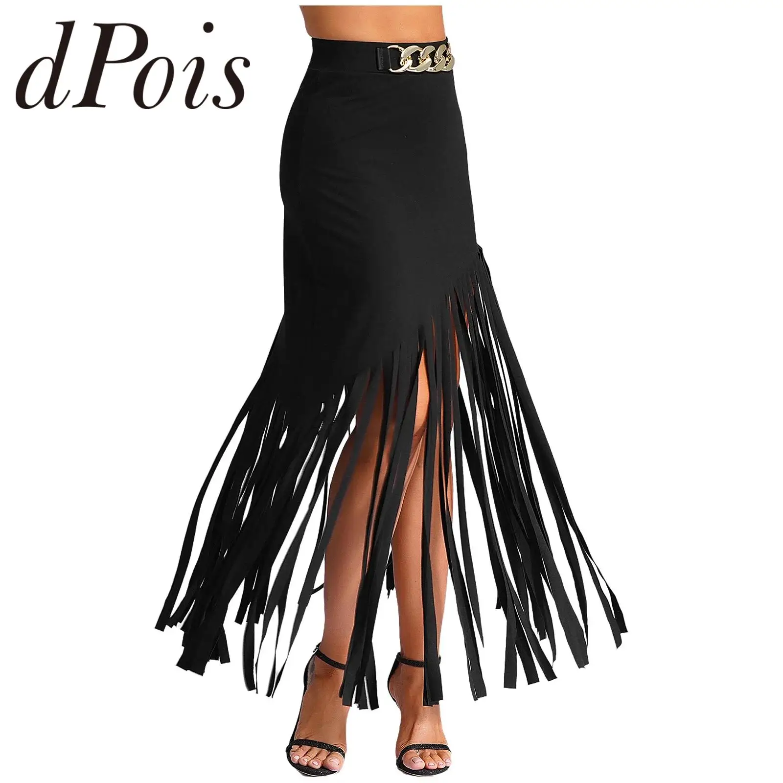 High Waist Women's Punk Tassel Skirt Sexy Asymmetrical Fringe Maxi Skirt for Latin Jazz Dance Street Wear Performance Costume