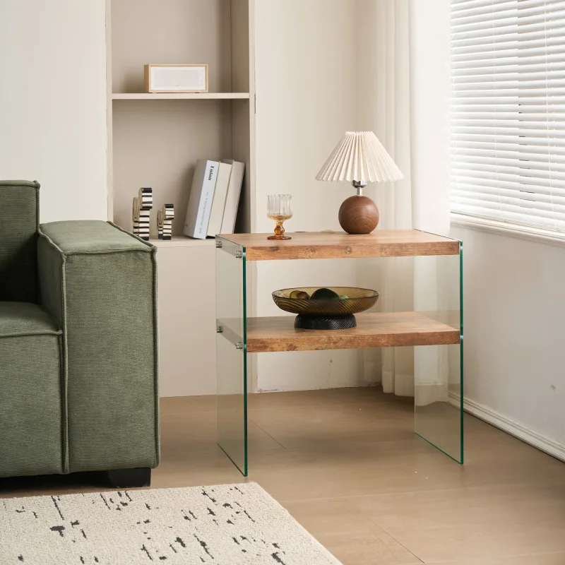MDF Sidetable Small Tea Table Walnut Night Stand Tempered Glass Sofa Table Multi-purpose Waterproof And Durable Nice Effect