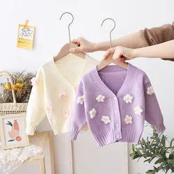 Girls' Sweater Cardigan 2023 Spring and Autumn Korean Edition Girls' Fashionable Flower Knitted Coat Children's Wear