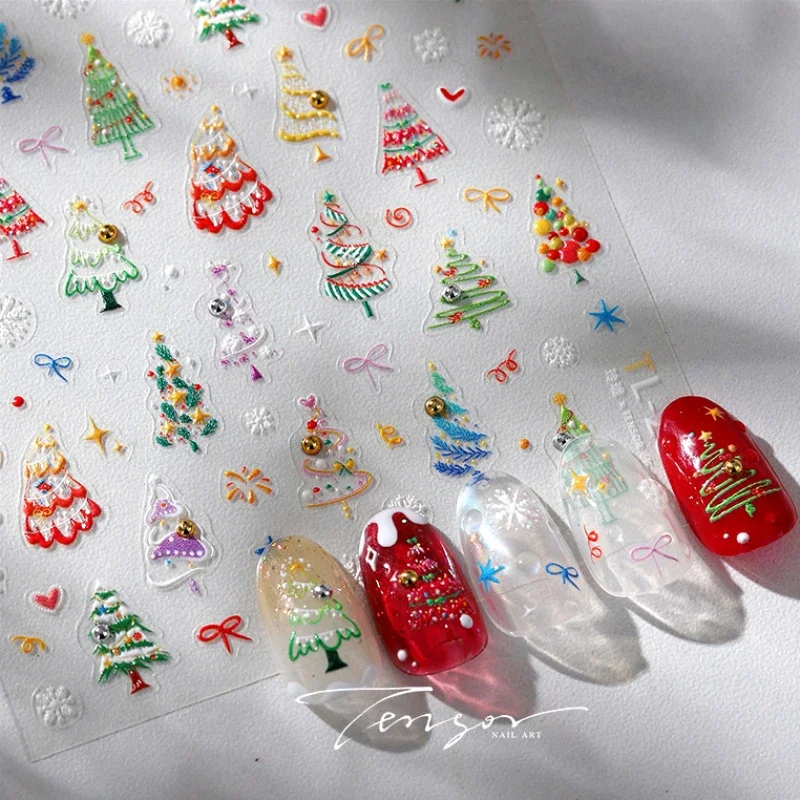 Line Christmas Tree Bowknot Socks Shiny Rhinestone Love Heart Star Snowflake 5D Self Adhesive Nail Art Stickers Manicure Decals