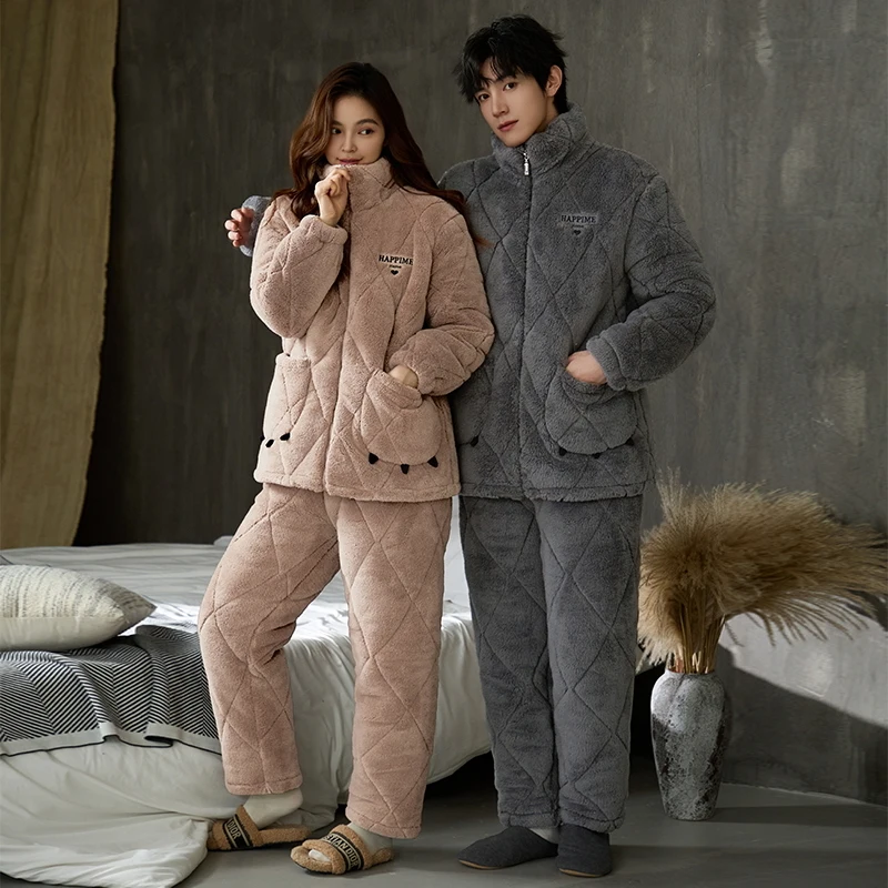 

Thick Warm Winter Couple Pajamas Set 3 Layer Clip Cotton Pyjamas Casual Soft M-3XL Lovers Homewear Clothing