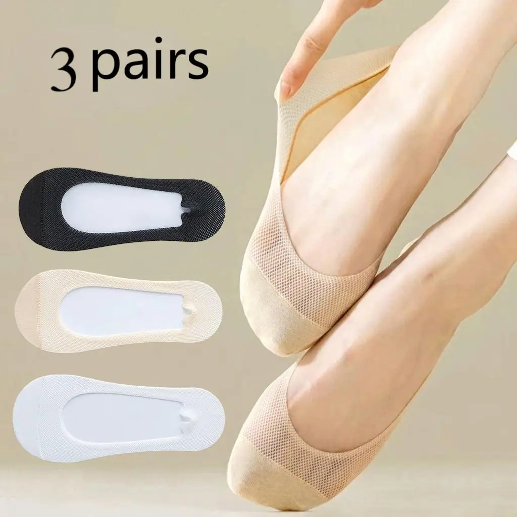 3 paires de chaussettes invisibles pour femmes, chaussettes fines respirantes antidérapantes en silicone, chaussettes fines d'été pour chaussures plates et mocassins