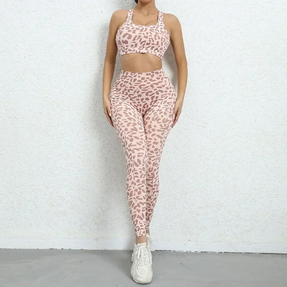 SEXY Leopard Yoga Set Women Sports Wear Gym Tracksuit Clothes Workout Leggings Crop Top Bra Fitness Suit Sportswear