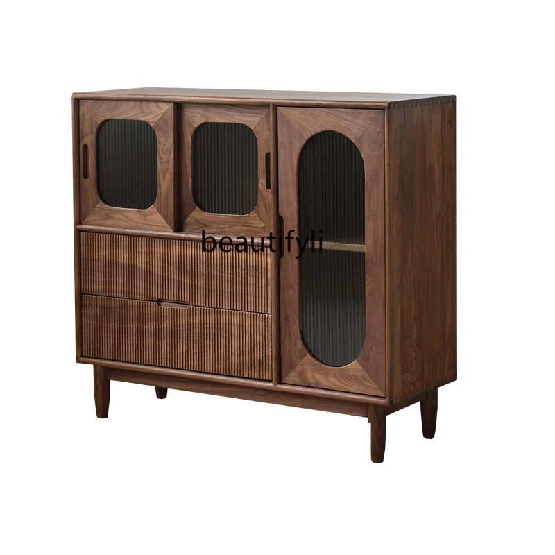 

North America Black Walnut Wood Sideboard Cabinet Vintage Solid Wood Tea Locker Changhong Glass Wine Cabinet