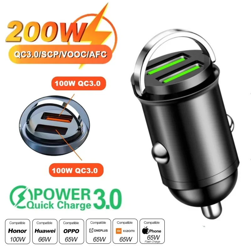 100W/200W QC3.0 PD Mini-Autoladegerät 12-24V Zigarettenanzünder Schnellladegerät USB Typ-C für Xiaomi Samsung Huawei iPhone Power