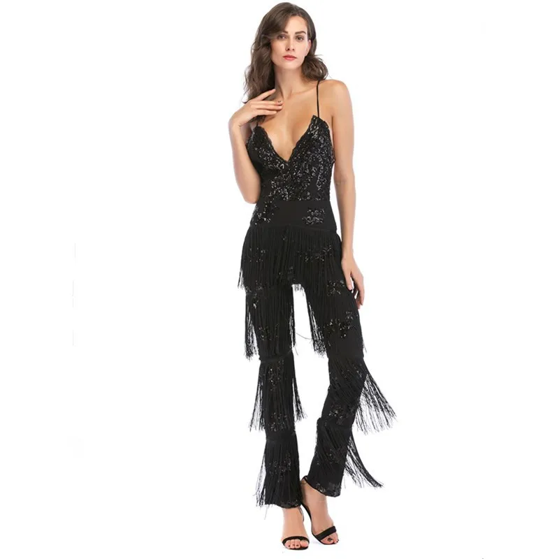 Deep V-neck sexy halter suspender sequined jumpsuit latin dance clothes women