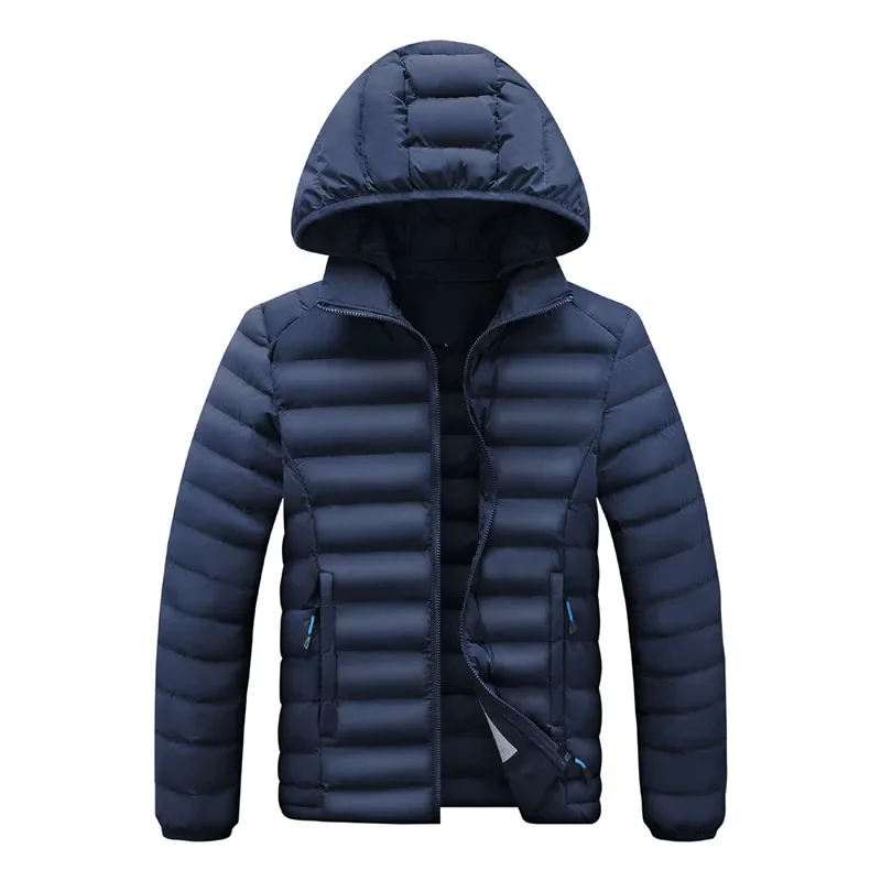 2024 Mens Autumn Jacket Hooded Zip-up Padded Parka Men Black Lightweight Windbreak Male Fluffy Warm Spring Vintage Zipper