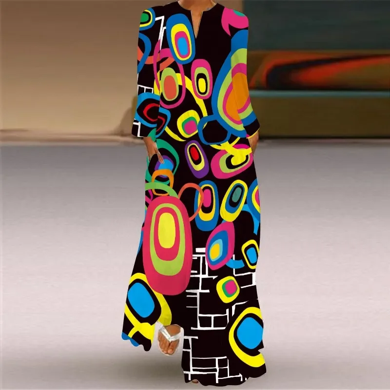 Rainbow Gradient Print Women Dress 2025 New Spring Long Sleeve V-neck Casual Long Dress Woman Elegant Autumn Maxi Dress Big Size