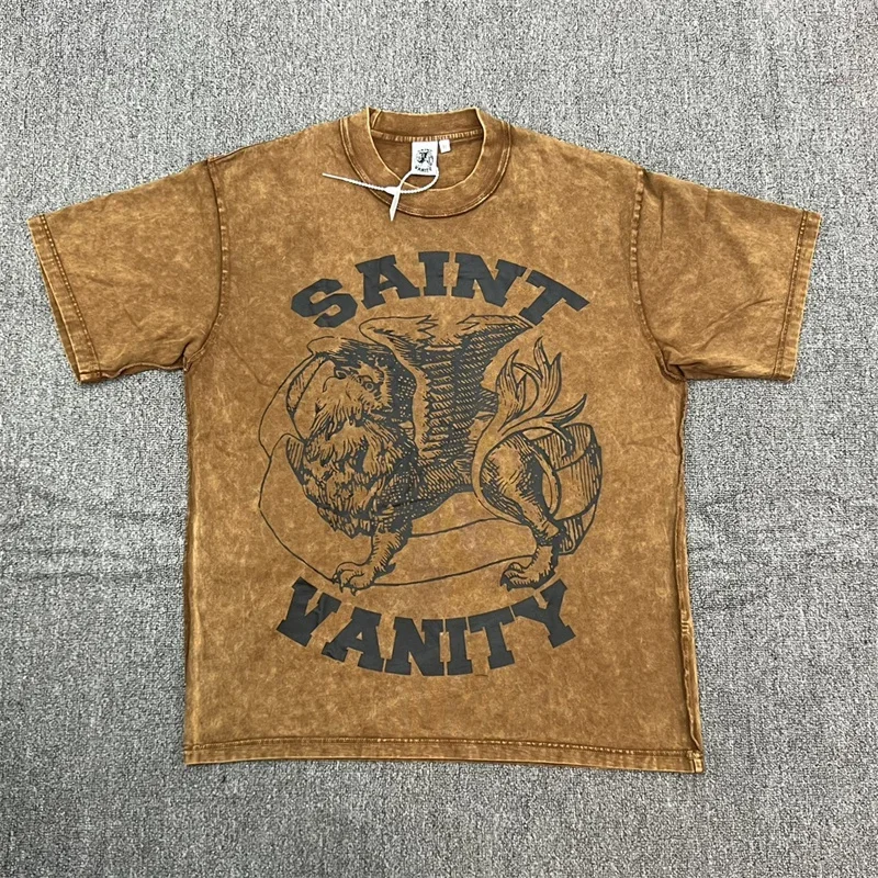 تي شيرت كلاسيكي مغسول باللون الأسود Saint تي شيرت كاجوال للرجال مطبوع عليه رسومات