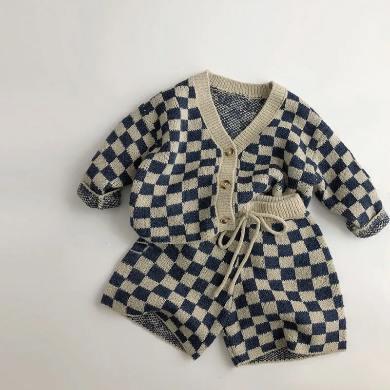 2024 Spring Autumn Children Knitted Plaid Sweater Boy Baby Knit Cardigans Toddler Girl Casual Long Sleeve Coat Kid Cotton Jacket