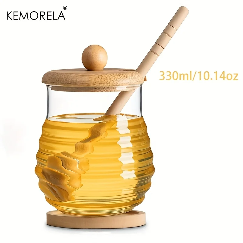 1PCS Glass Sugar Jar with Wooden Lid, SugarJar with Spoon And Wooden Coaster - High Borosilicate Sugar Jar, Wide Mouth Syrup