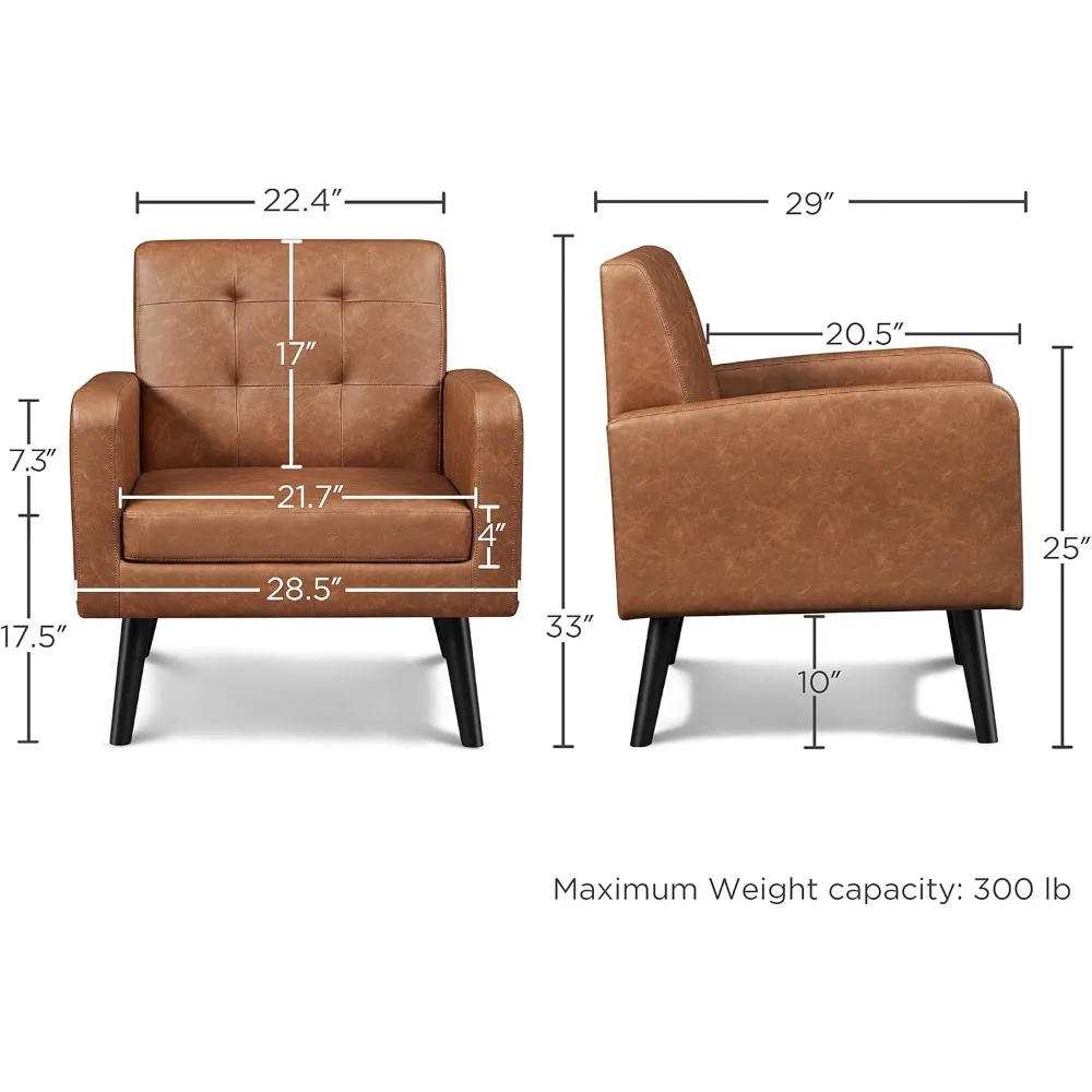 Accentstoelen uit het midden van de eeuw, moderne gestoffeerde woonkamerstoel van PU-leer, gezellige fauteuil met getufte rugleuning