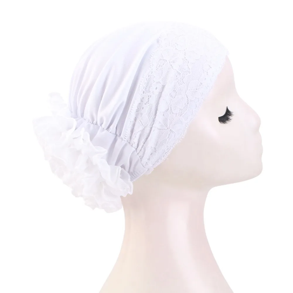 

Elegant Solid Color Lace Head Scarf Soft Breathable Turban Hat Elastic Large Flowers Chemo Headwear Women Headwear