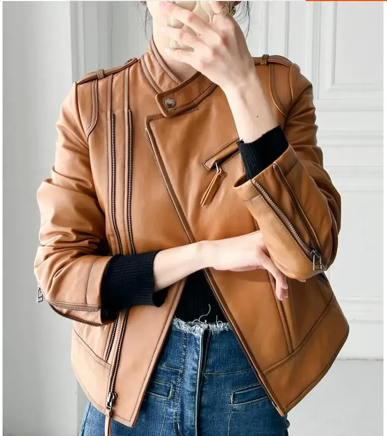 YR!Free shipping.2025 fashion women real leather jacket.Street soft sheepskin outwear.Slim fit leather coat.Rider leather cloth